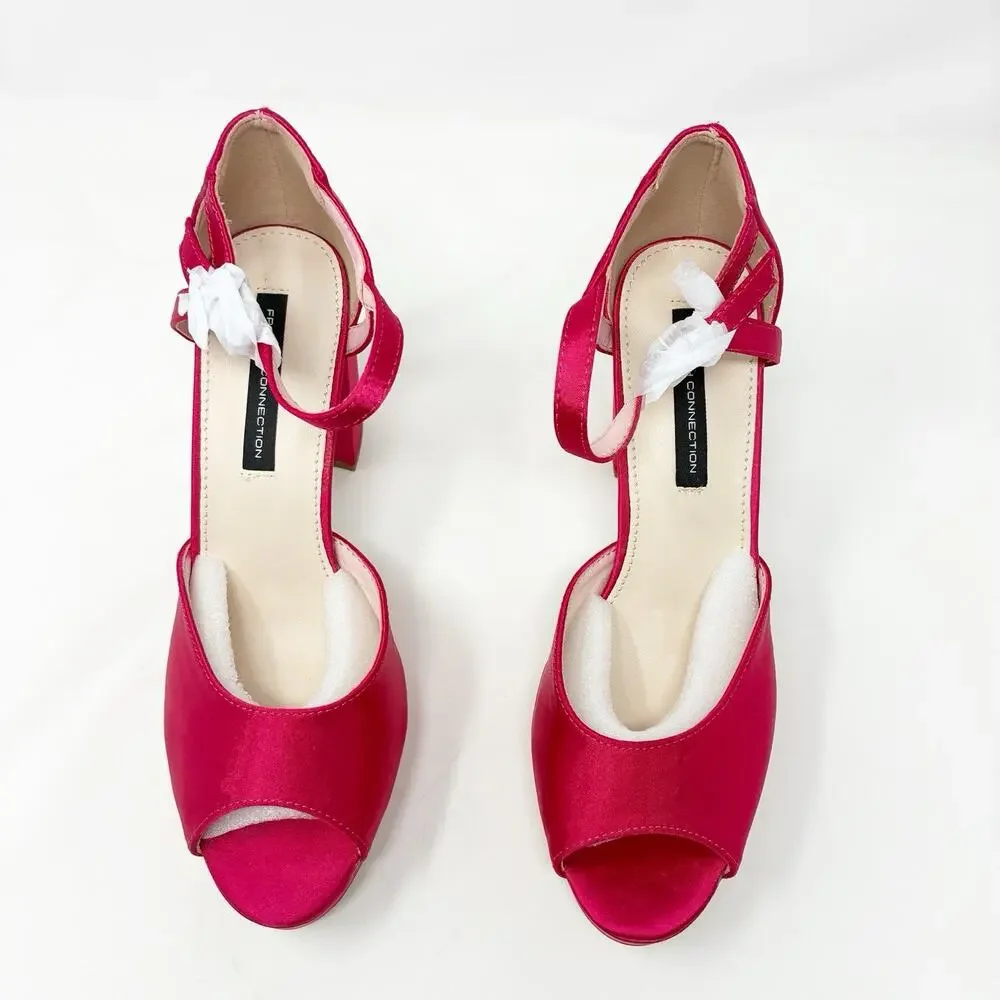 French Connection Pink Satin Block Heel Platform Open Toe Sandal 7 NIB